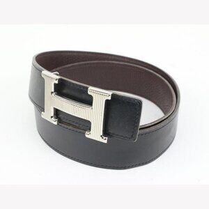 Hermès Black x Brown x SIlver 32mm Reversible Strie H Logo Belt Kit 41he56